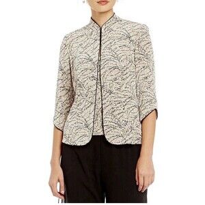 Alex Evenings 2 Pc Set Printed Mandarin 3/4 Sleeve Glitter JACKET Beige White, L